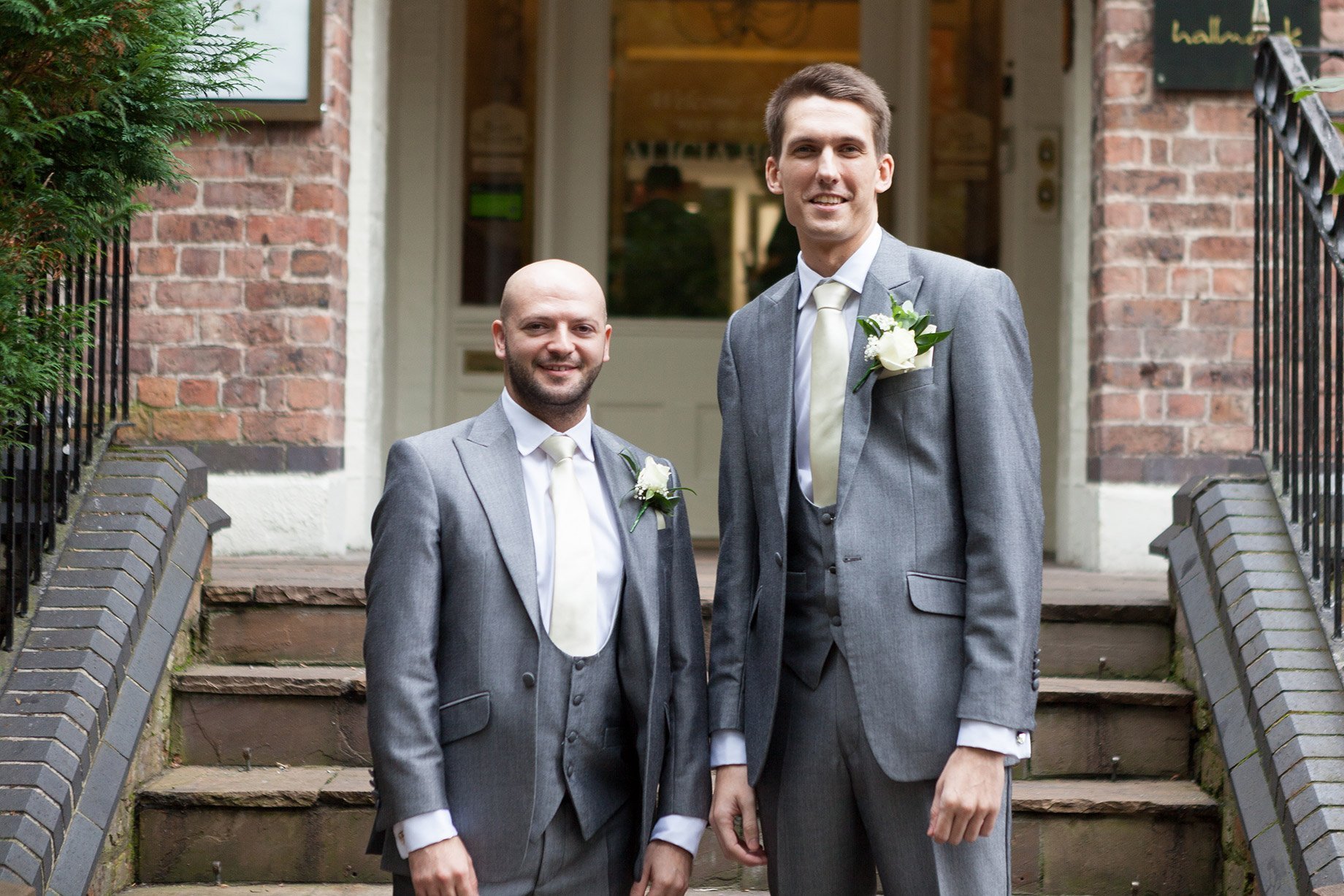 Best man and groom outside Liverpool Sefton Park Sure Hotel